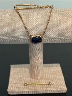 Vintage Gold Tone Men's Accessory Lot - Blue Stone Tie Chain & Collar Bar Barbel